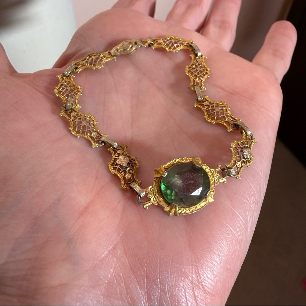 Antique Victorian Art deco Gold Filagree Green Pink iris Glass Bracelet - Picture 13 of 16